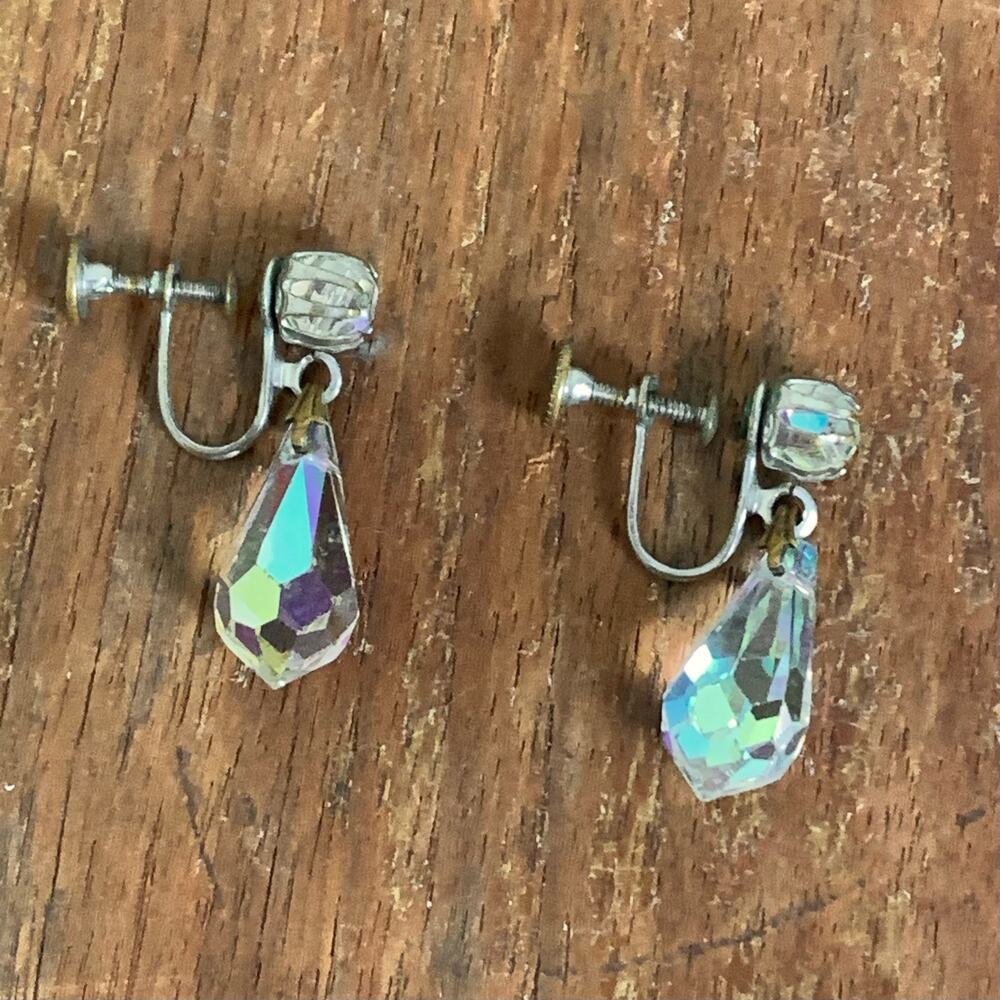 Vintage Auroraβ Borealis AB Crystal drop dangle screw back silver earrings